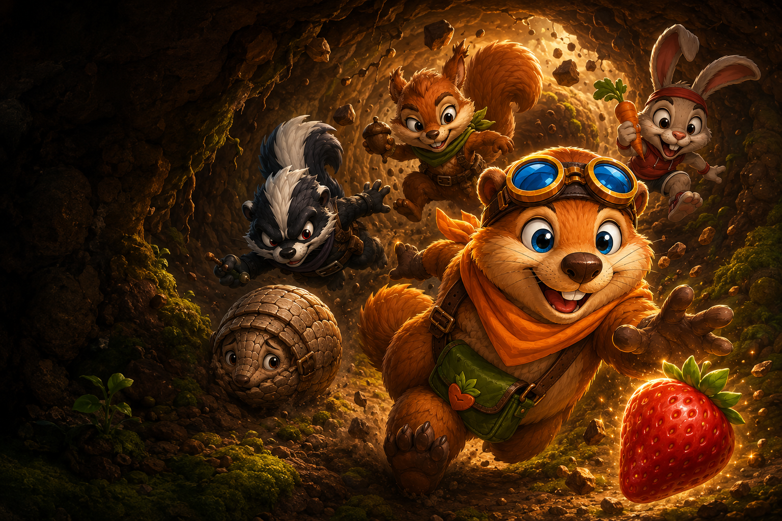 MotaMaze key art — Mota the groundhog sprinting through a shifting underground maze